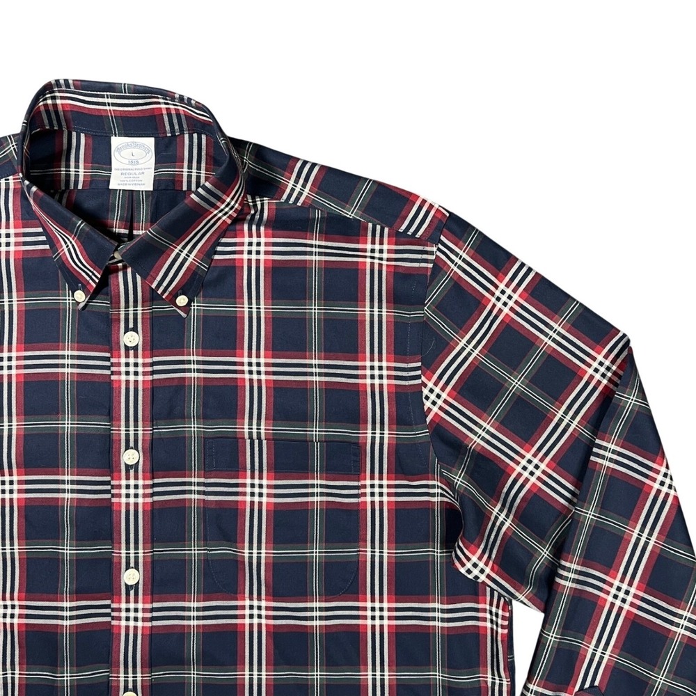 Brooks Brothers Original Polo Shirt Mens Large Non-Iron Plaid Button Up Navy Red